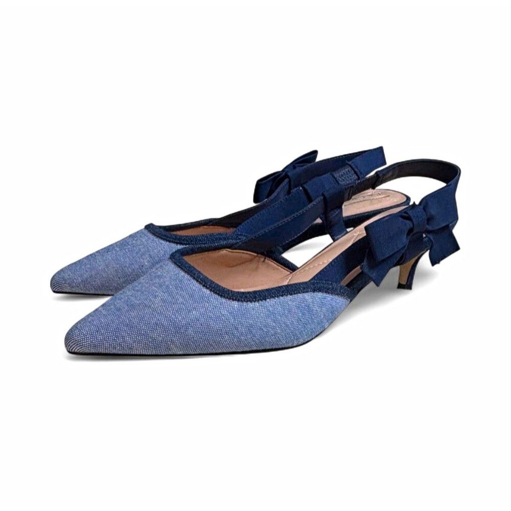 Talbots Sylvie Bow Slingback Chambray Pumps Size 7.5M Navy Blue Kitten Heel